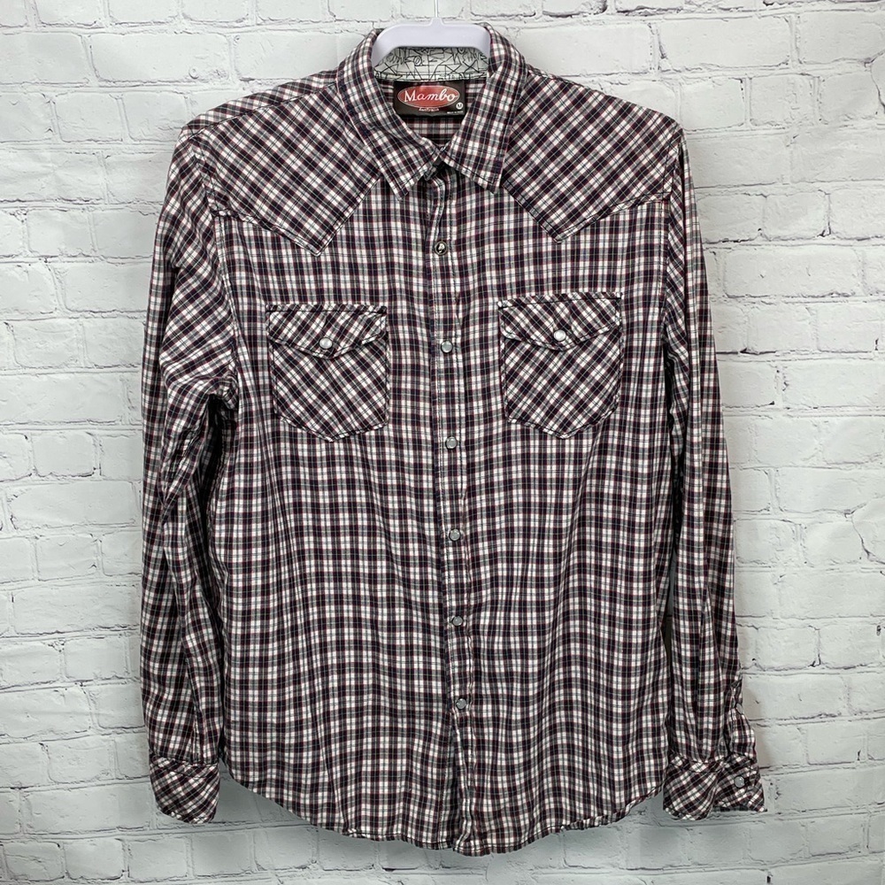 Mambo Men's Medium Pearl Snap Shirt Long Sleeve Blue Plaid Australia